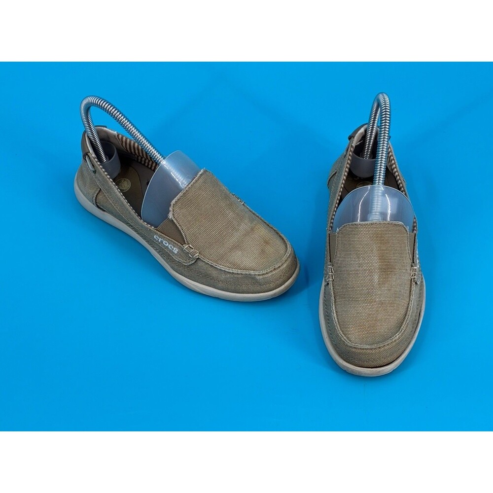 Crocs Santa Cruz Women’s 6 Khaki Tan Canvas Slip On Loafers Casual Shoes
